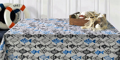 Poussin, abwaschbare Tischdecke mit Fischen, 140 cm breit