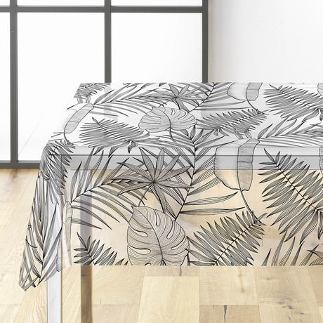 Puebla - Tischfolie transparent mit schwarzen/grauen Blättern im Strichdesign, Ecke