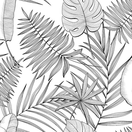 Puebla - Tischfolie transparent mit schwarzen/grauen Blättern im Strichdesign, Muster