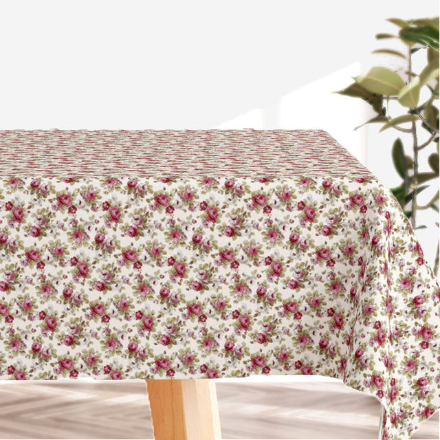 Red Roses – Helle abwaschbare Tischdecke mit Rosen in verschiedenen Rottönen