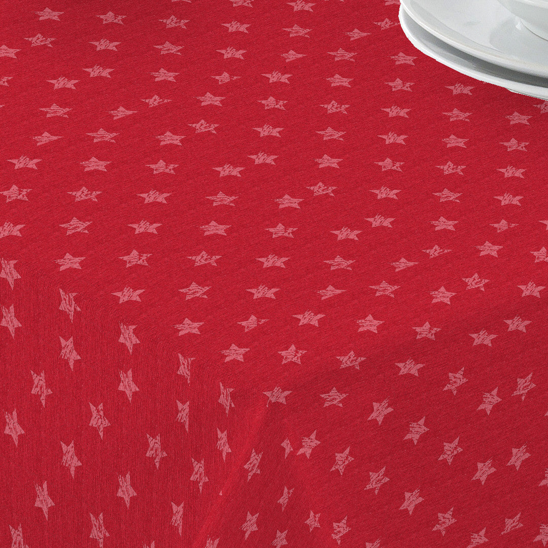 Red Uni Stars – Schöne rote jacquardgewebte abwaschbare Weihnachtstischdecke mit Sternen