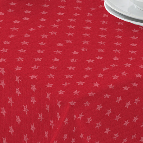 Red Uni Stars – Schöne rote jacquardgewebte abwaschbare Weihnachtstischdecke mit Sternen