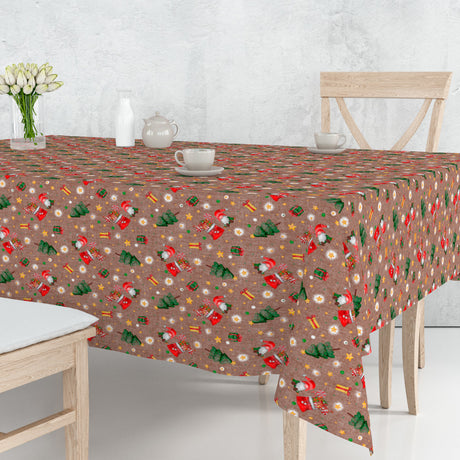 Regalos – abwaschbare Weihnachtstischdecke mit Geschenken, Wichteln und Weihnachtsbäumen