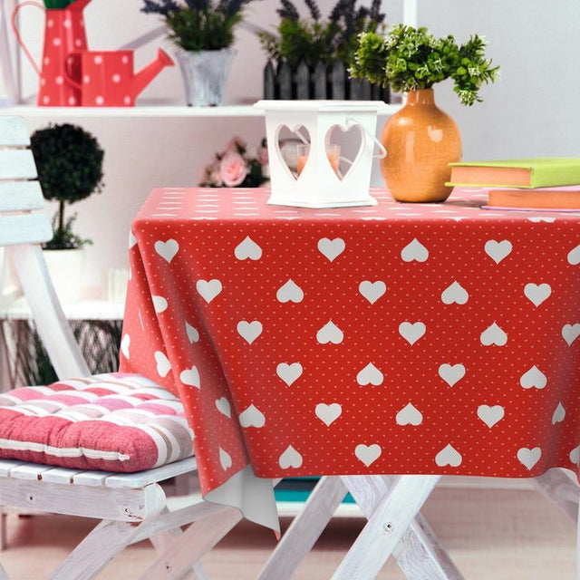 Romance, Wachstuch Tischdecke in Rot mit weißen Herzen