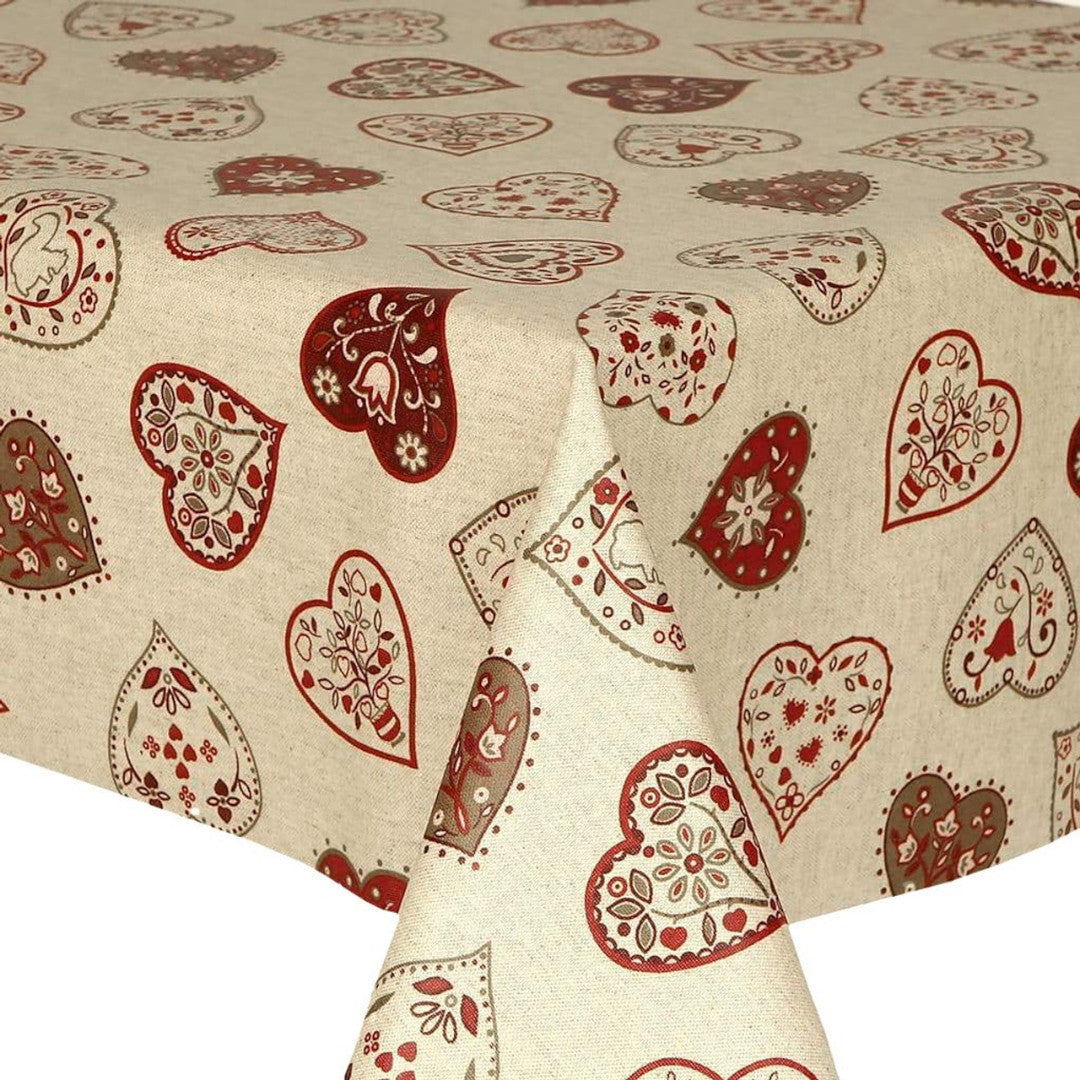 Ecke aus der Nähe - Romantische Herzen Natur - Abwaschbare Tischdecke in Leinenoptik