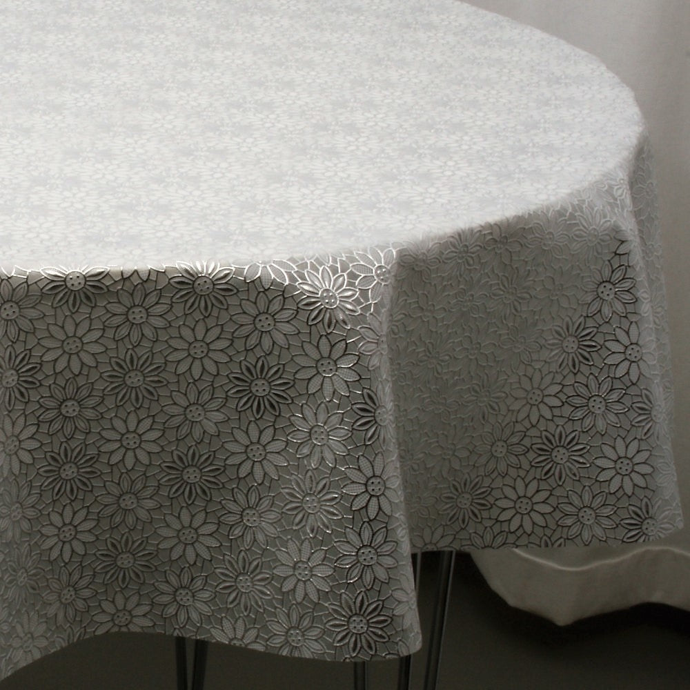 Runde Wachstuch Tischdecke mit Spitze, weiß mit silberner Blume
