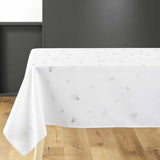 Safir 150 x 300 cm, weiße Weihnachtstischdecke mit Silberprint auf dem Tisch