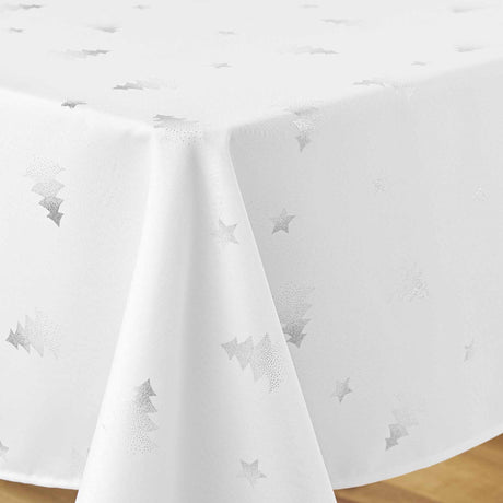 Nahaufnahme der Ecke der Safir 240 cm Weihnachtstischdecke mit Silberprint