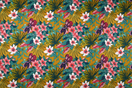 Ahuna - Abwaschbare Tischdecke mit schönen Blumen auf senfgelbem Hintergrund - 155 cm breit