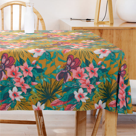 Ahuna - Abwaschbare Tischdecke mit schönen Blumen auf braunem Hintergrund - 155 cm breit