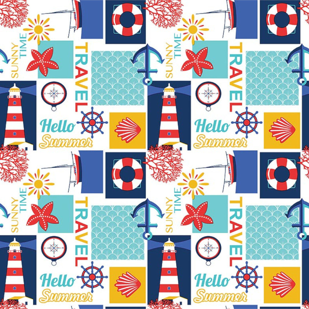 Sommer am Meer - Weiße Wachstuch Tischdecke mit maritimen Motiven