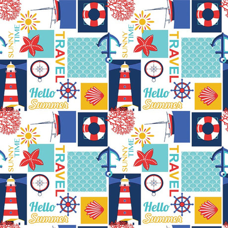 Sommer am Meer - Weiße Wachstuch Tischdecke mit maritimen Motiven