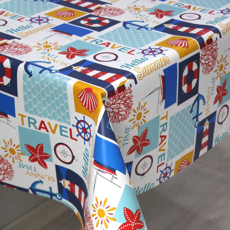 Sommer am Meer - Weiße Wachstuch Tischdecke mit maritimen Motiven