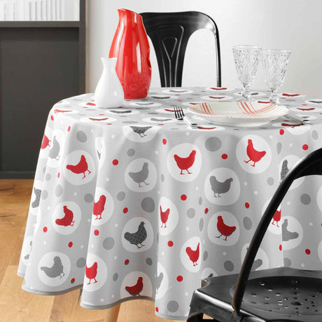 Suzette Natural - Runde Wachstuch-Tischdecke mit Hühnern, Ø 155 cm