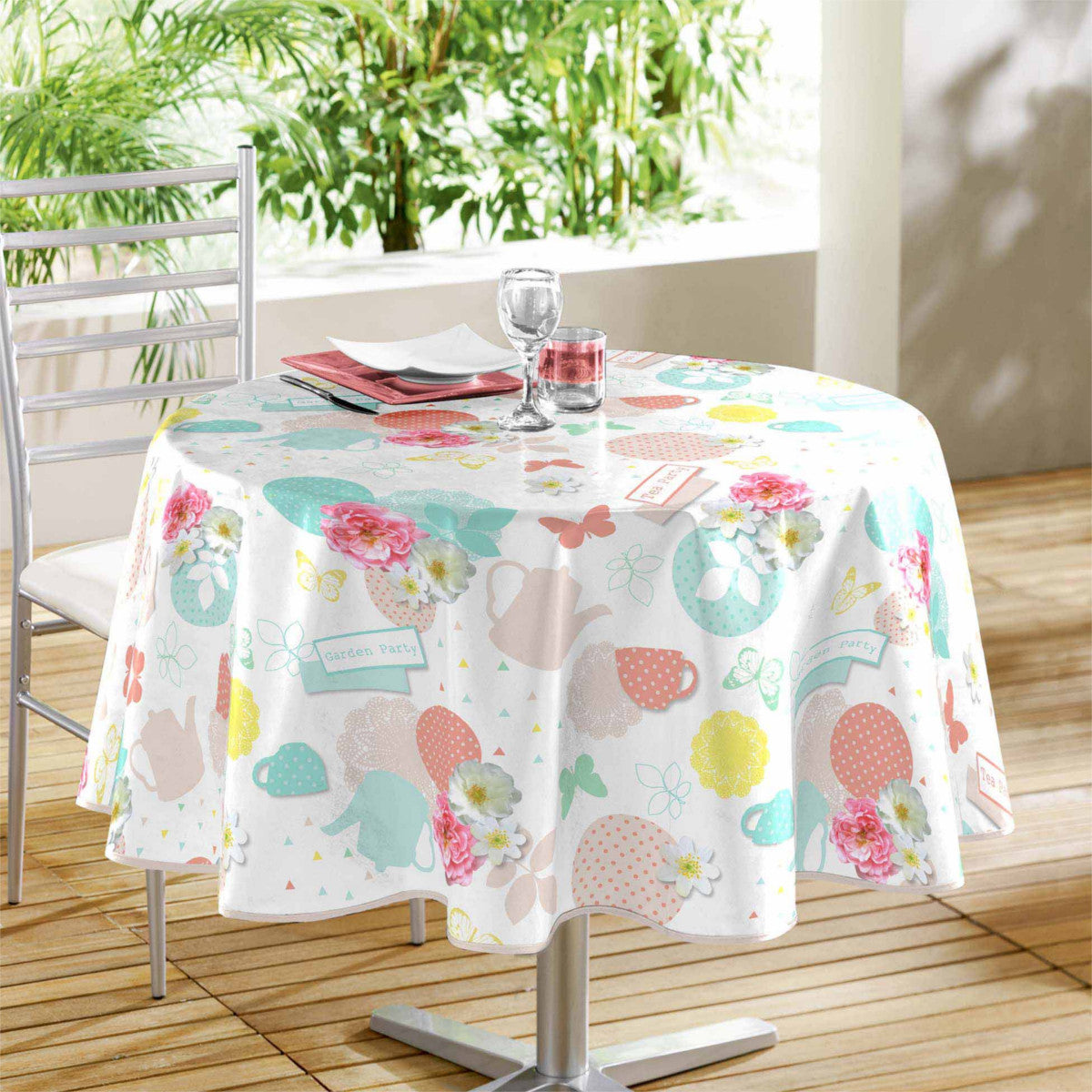 Tea Party - Runde Wachstuch-Tischdecke mit Teekannen, Ø 155 cm