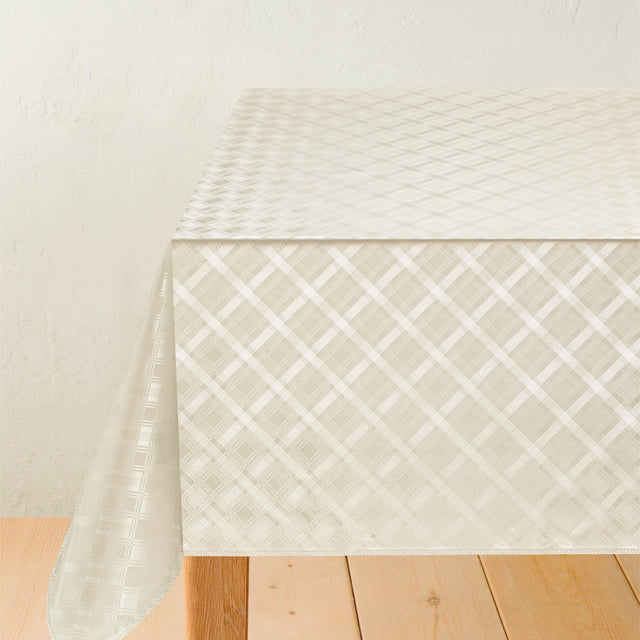 Damast Karos Diagonal Creme - Einfarbige Wachstuch Tischdecke mit Karos