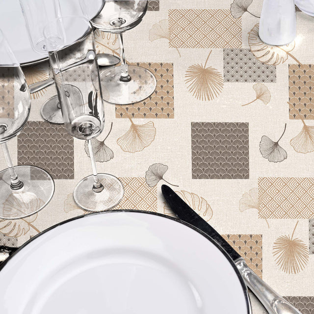 Textilia Glitter Rialto – Wachstuch Tischdecke mit Blättern und Quadraten, mit Tischdekoration