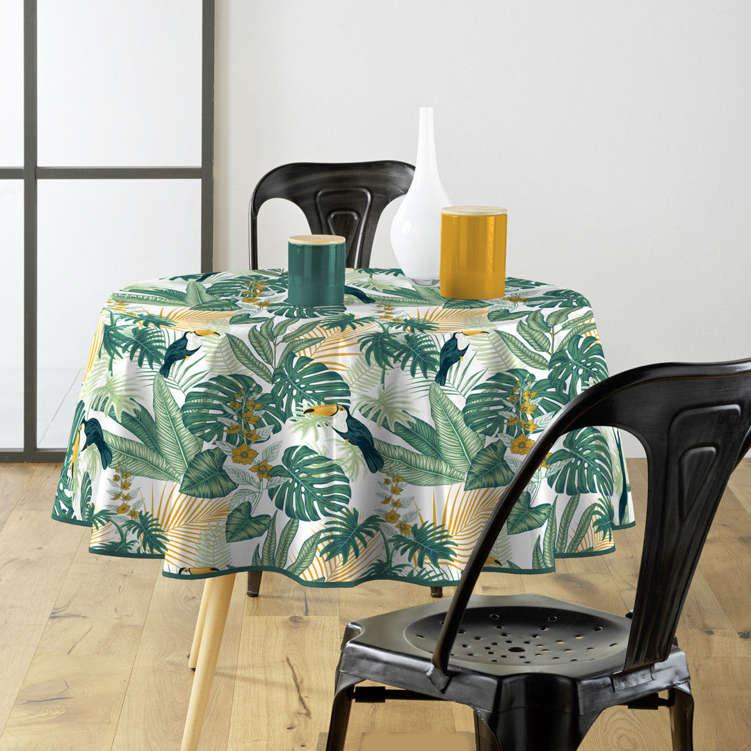 Textilia Guyana - Runde Wachstuch-Tischdecke mit Blättern Ø 155 cm, Ambienteaufnahme