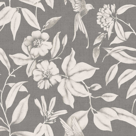 Textilia Miosotis Grey - Graue Wachstuch Tischdecke mit Blättern und Leinenoptik