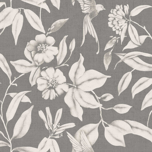 Textilia Miosotis Grey - Graue Wachstuch Tischdecke mit Blättern und Leinenoptik