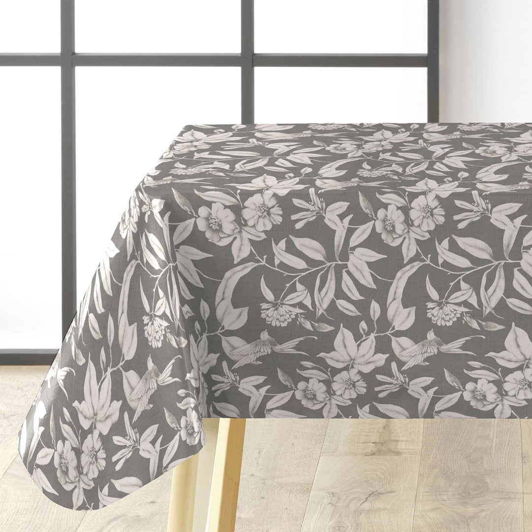 Textilia Miosotis Grey Wachstuch Tischdecke mit weißen Blumen und grauem Grund