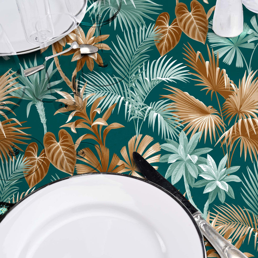 Textilia Riviera Green - Wachstuch Tischdecke mit schönen tropischen Blättern, gedeckter Tisch