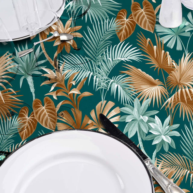 Textilia Riviera Green - Wachstuch Tischdecke mit schönen tropischen Blättern, gedeckter Tisch