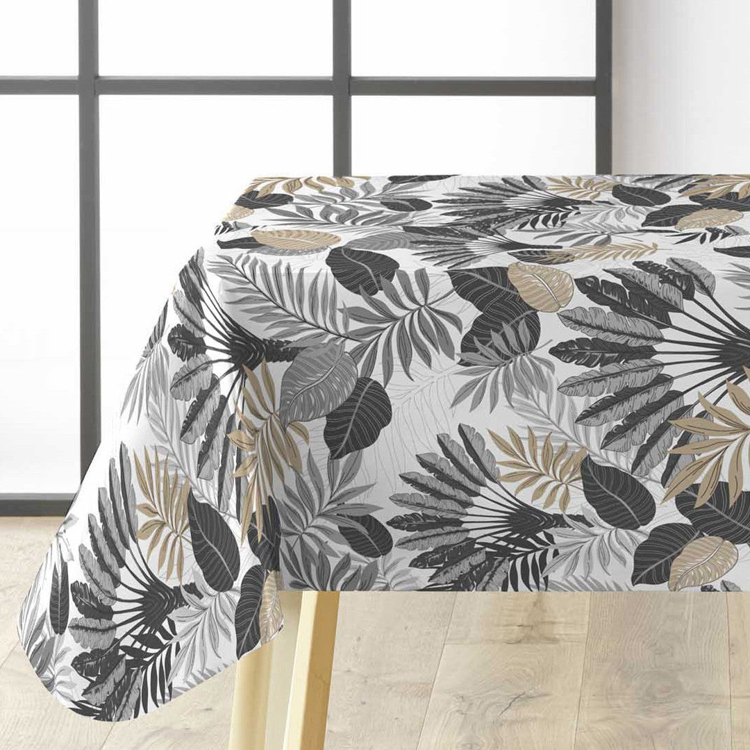 Textilia Panazio Linen – Helle Wachstuch Tischdecke mit tropischen Blättern
