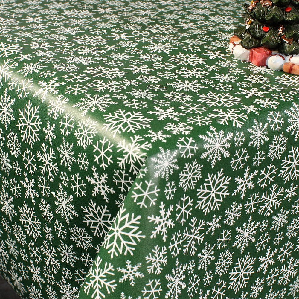 Trend Weihnachtstischdecke – Schneeflocken dunkelgrün