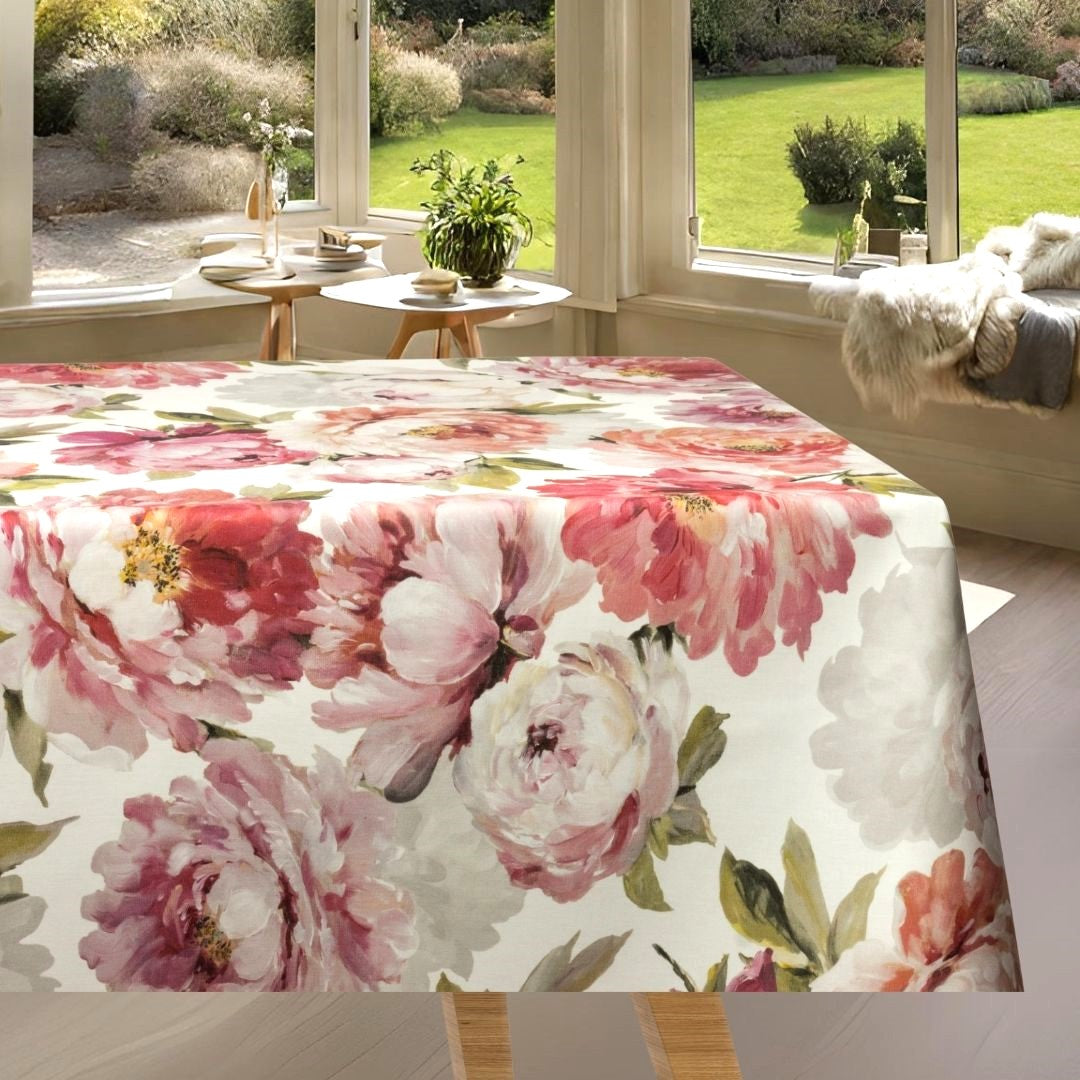 Un Paradiso di Peonie Blanco - Abwaschbare Tischdecke mit Pfingstrosenblüten