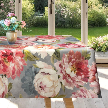Un Paradiso di Peonie Grigio - Abwaschbare Tischdecke mit Pfingstrosenblüten