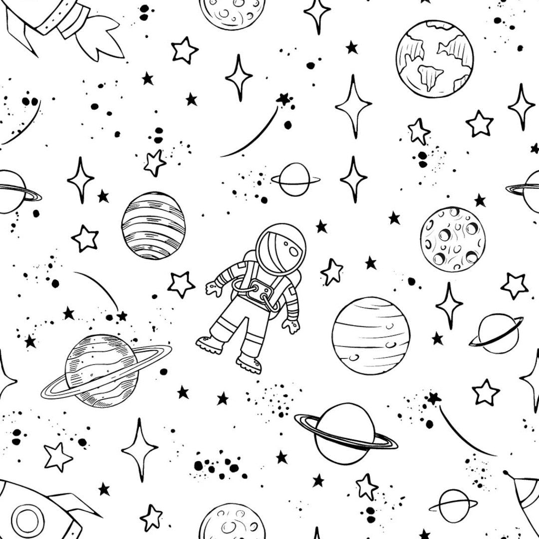 Universum, zum Selbstbemalen – weiße Wachstuch Tischdecke mit Planeten, Sternen und Raumschiffen