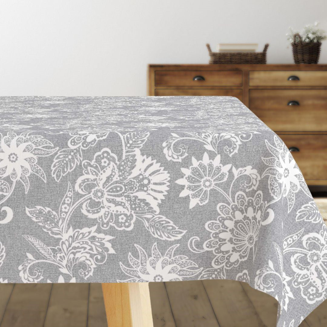 Velazquez – graue abwaschbare Tischdecke mit weißen Blumen