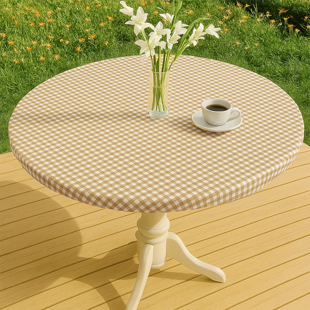 Vichy Petite Sand - Runde Wachstischdecke mit Gummizug