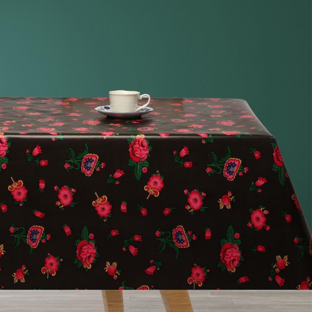 Vintage Blomster – Wachstuch Tischdecke in Braun mit roten Rosen