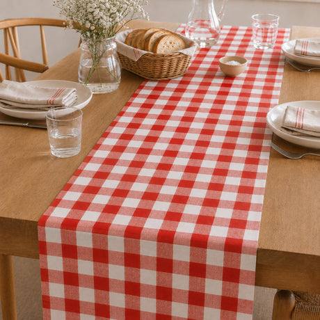 Wachstuch-Tischläufer mit roten und weißen Karos – ca. 50 cm breit