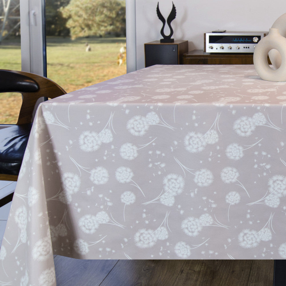 Fnok Beige – Wachstuch Tischdecke mit Löwenzahn und stoffartiger Oberfläche