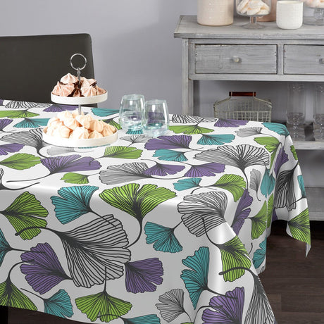 Ginkgo – Wachstuch Tischdecke mit Ginkgo-Biloba-Blättern in Lila, Grün, Türkis und Grau