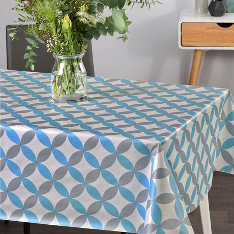 Luna Blue – Weiße Wachstuch Tischdecke mit Retro-Kreisemuster