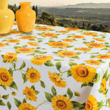 Sonnenblumen – Wachstuch Tischdecke in Gelb- und Orangetönen auf weißem Grund, 140 cm