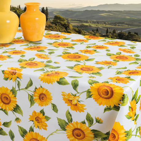 Sonnenblumen – Wachstuch Tischdecke in Gelb- und Orangetönen auf weißem Grund, 140 cm