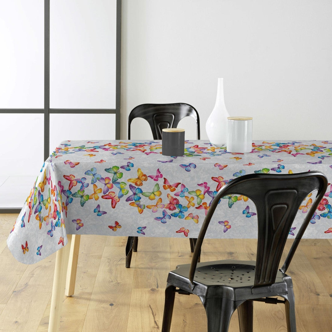 Wachstuch Tischdecke mit Schmetterlingen in Reihen und vielen Farben