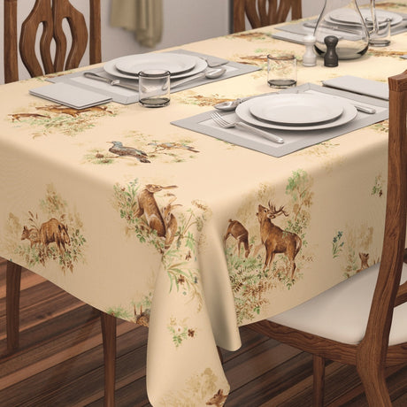 Varena Beige, Wachstuch Tischdecke mit Jagdmotiven im Retro-Stil