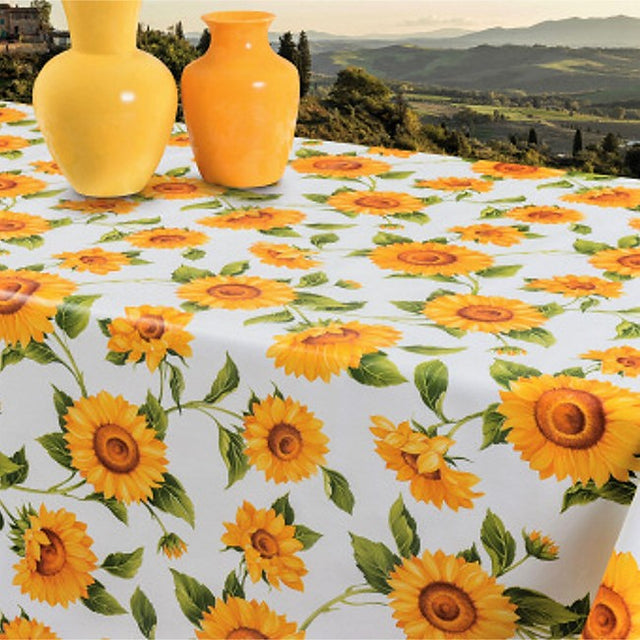 Sonnenblumen - Wachstuch Tischdecke in Gelb- und Orangetönen auf weißem Grund