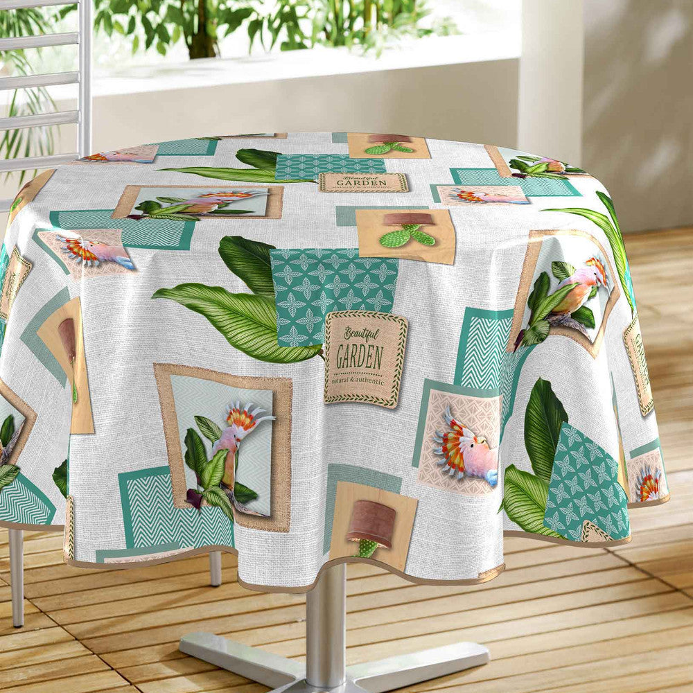 Wallys Weiß - runde Wachstuch-Tischdecke „schöner Garten“, Ø 155 cm